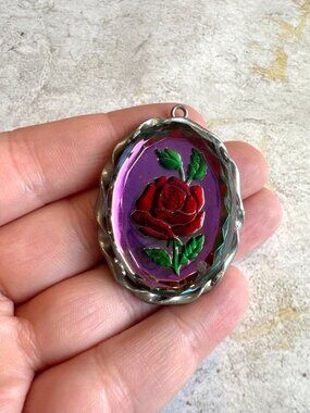 Vtg Reverse Painted Glass Necklace Pendant Silver Tone Back Beauty and the Beast